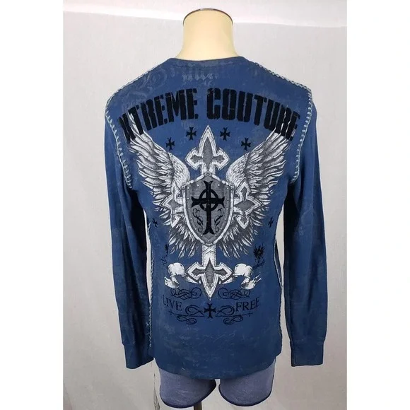 Xtreme Couture Shirt Mens Large Blue Thermal Long Sleeve Cross Wings Graphic - Picture 1 of 8